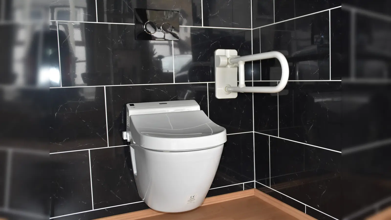 Diese Toilette wurde erhöht aufgehängt und mit einem stabilen Haltegriff ausgestattet. Ein beheizbarer Wassertank bietet eine Sprühfunktion zum Waschen des Intimbereichs, die per Fernbedienung gesteuert wird.  (Foto: Barbara Siebrecht)